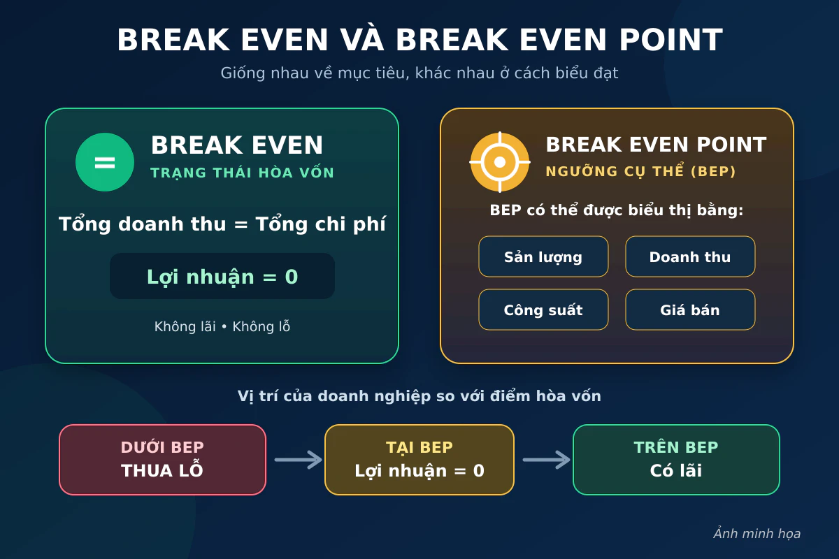 Break even là trạng thái hòa vốn, còn Break Even Point là ngưỡng cụ thể để đạt trạng thái đó.