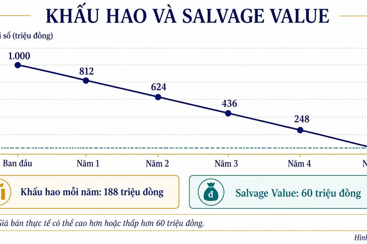 Biểu đồ khấu hao tài sản từ 1 tỷ đồng xuống salvage value 60 triệu đồng