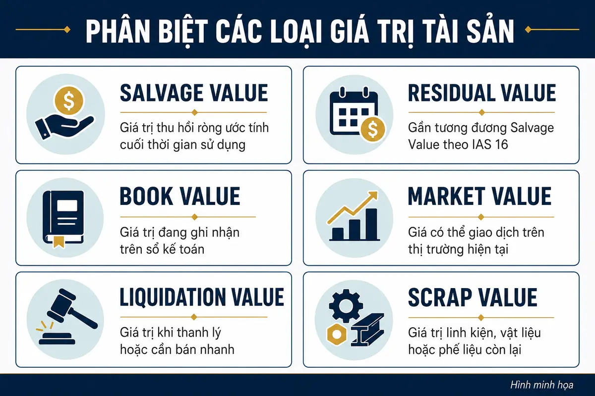 Phân biệt salvage value với book value market value và liquidation value